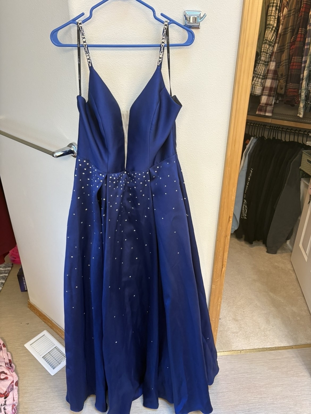 Speechless Royal Blue Spaghetti-Strap Prom Gown with Crystal Details